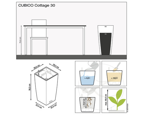 CUBICO Cottage 30 Pflanzgefäß Größenangaben und Füllmengen
