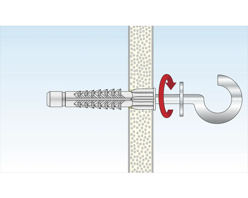Abbildung einer Drehbewegung des Hakens mit Dübel in der Wand