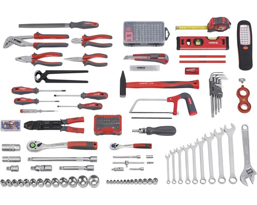 Werkzeugsortiment mit Zangen, Schraubendrehern, Hammer, Säge, Schraubenschlüsseln und weiterem Zubehör