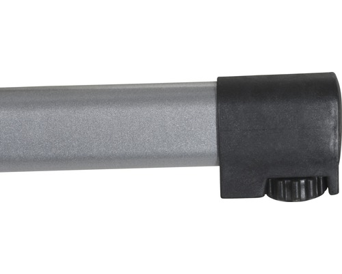 Detailaufnahme eines grauen Metallstabs mit schwarzer Endkappe und Stellschraube