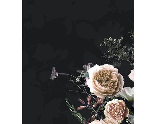Blumentapete mit Rosen und Blättern auf dunklem Hintergrund