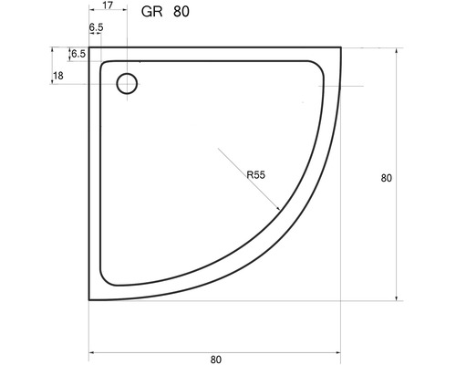 Technische Zeichnung einer Duschwanne mit den Maßen 80 mal 80 cm