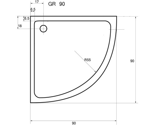 Technische Zeichnung einer Duschwanne mit Maßangaben