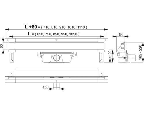 Technische Zeichnung einer Duschrinne mit Maßangaben