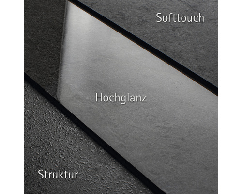 Nahaufnahme verschiedener Oberflächen: Softtouch, Hochglanz und Struktur