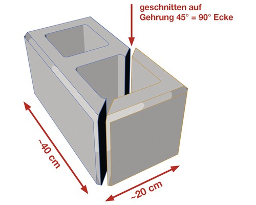 Ein Betonblock, der auf Gehrung geschnitten wurde, um eine 90-Grad-Ecke zu bilden, Abmessungen circa 40 mal 20 Zentimeter.