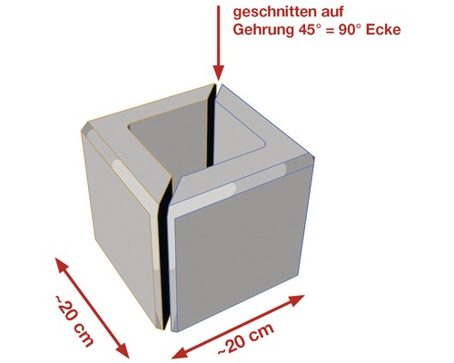 Illustration eines Würfels, geschnitten auf Gehrung 45 Grad, ungefähr 20 cm Kantenlänge