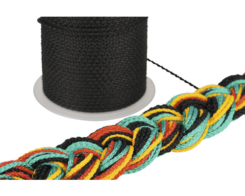 Schwarze Nylonschnur auf einer Rolle und ein geflochtener Strang mit mehreren Farben