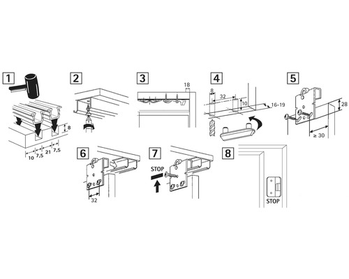 Anleitung zur Montage einer Schiebetür, dargestellt in acht Schritten