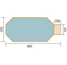 Grundriss eines Schwimmbeckens mit den Maßen 850 x 376 x 157 x 104
