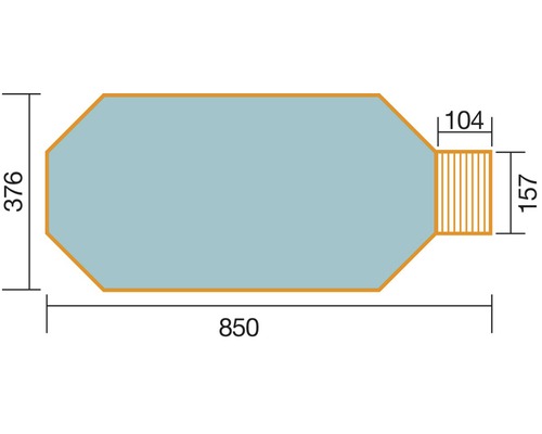 Grundriss eines Schwimmbeckens mit den Maßen 850 x 376 x 157 x 104