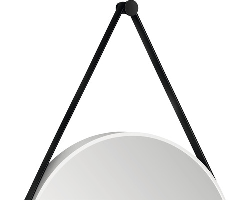 Detailansicht eines runden Spiegels mit schwarzer Aufhängung