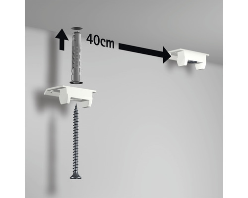 Montageanleitung für ein Befestigungselement mit Dübel, Schraube und einem Abstand von 40 Zentimetern