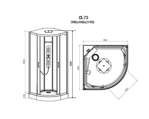 Technische Zeichnung einer Dusche mit Maßangaben