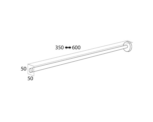 Technische Zeichnung einer Handtuchstange mit den Maßen 350 bis 600 mm Länge und 50 mm Höhe und Breite.
