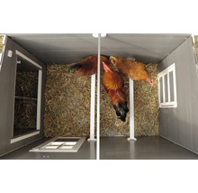 Innenraum eines Hühnerstalls mit Hühnern und Stroh