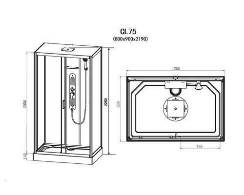 Technische Zeichnung einer Duschkabine mit Maßangaben.