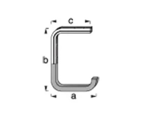 Schematische Darstellung eines U-förmigen Befestigungsbügels mit den Maßen a, b und c