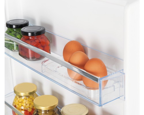 Detailaufnahme eines Kühlschranks mit Konserven und Eiern in den Regalen