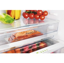 Blick in einen Kühlschrank mit Gemüse und Fisch in einer Frischhaltezone