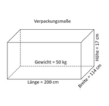 Verpackungsmaße mit Länge 200 cm, Breite 114 cm, Höhe 17 cm und Gewicht 50 kg