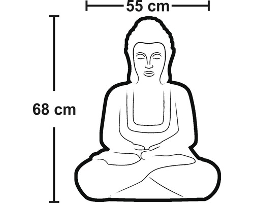 Abmessungen einer Buddha Statue: 55 cm breit und 68 cm hoch