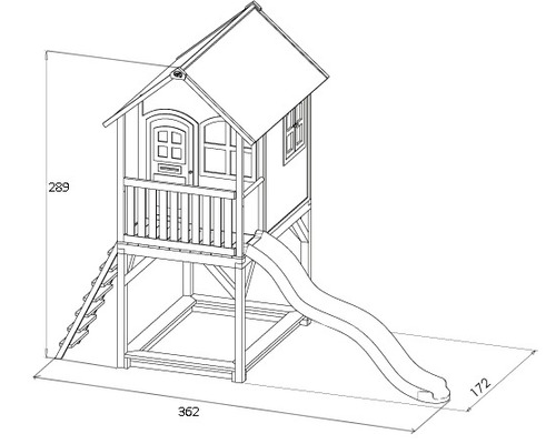 Illustration eines Spielhauses mit Rutsche und Leiter mit Abmessungen