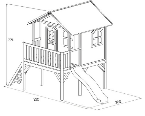 Illustration eines Spielhauses mit Rutsche und den Maßen 271 x 390 x 200 cm.