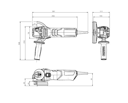 Maßzeichnung eines Winkelschleifers mit den Maßen 361 mm Länge, 248 mm Höhe und 111 mm Breite.