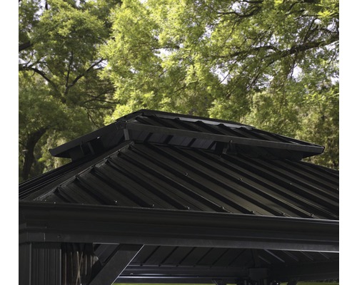 Detailaufnahme des Daches eines Gartenpavillons.