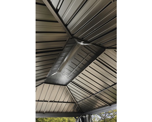 Detailaufnahme des Metalldachs eines Pavillons