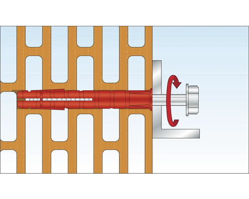 Illustration eines Dübels in einer Lochfassade mit Schraube