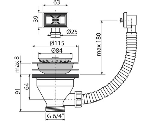 Technische Zeichnung eines Spülenablaufs mit Maßen