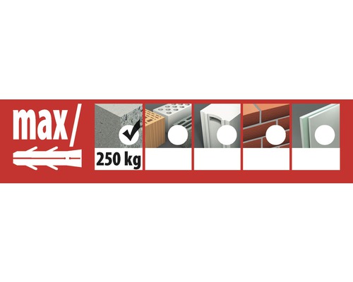 Symbolbild für Dübelanwendungen in verschiedenen Baumaterialien mit einer maximalen Belastbarkeit von 250 Kilogramm