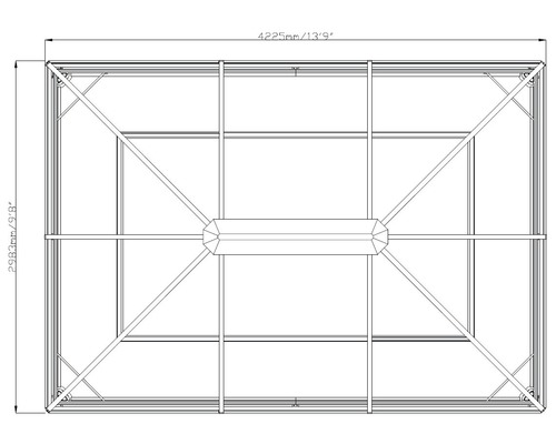 Technische Zeichnung eines rechteckigen Pavillons mit Maßangaben