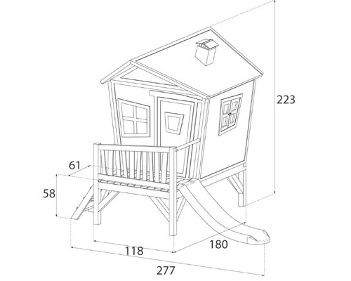 Technische Zeichnung eines Spielhauses mit Rutsche und Maßen.
