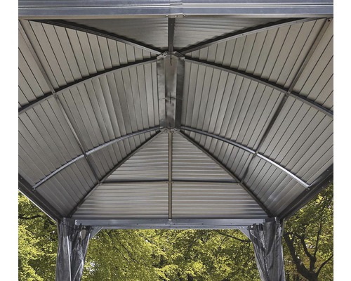 Detailaufnahme des Metalldachs eines Pavillons