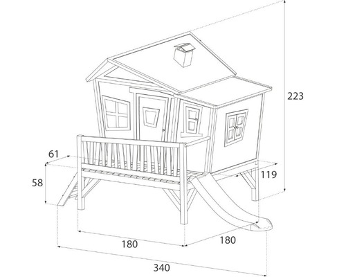 Technische Zeichnung eines Stelzenhauses mit Rutsche und den Maßen 340x180x223 cm.