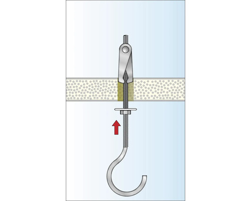 Illustration einer Kippdübelbefestigung in einer Wand mit Haken