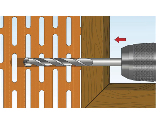 Illustration einer Bohrmaschine, die durch eine Holzplatte bohrt