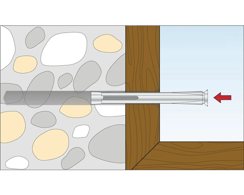 Illustration eines Dübels, der in eine Steinwand eingelassen und mit einem Holzrahmen verbunden ist