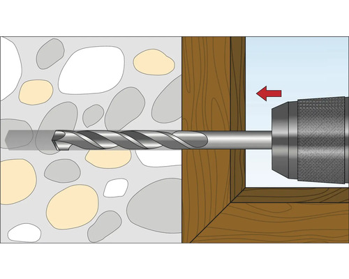 Illustration einer Bohrmaschine beim Bohren durch Holz in Stein