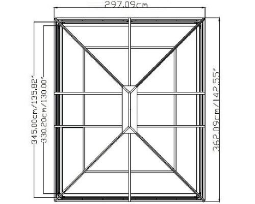Technische Zeichnung eines Pavillons mit Maßangaben.