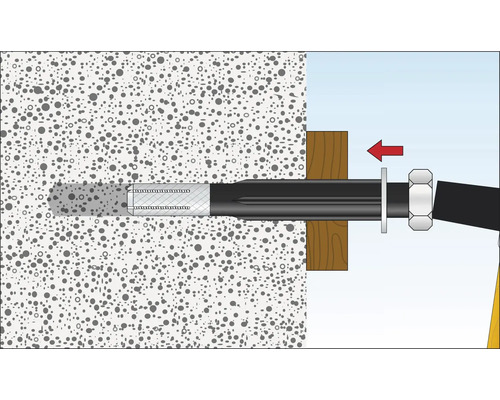 Illustration einer Rohrdurchführung durch eine Betonwand mit Dämmstoff und Zuganker