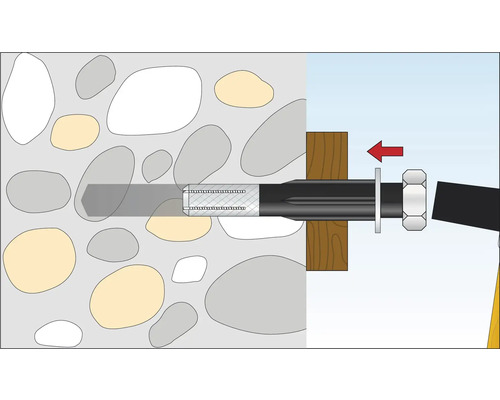 Illustration eines Bolzenankers in einer Betonwand zur Befestigung eines Holzstücks