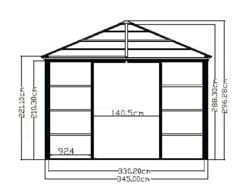 Technische Zeichnung eines Gerätehauses mit Maßangaben.