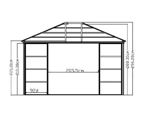 Technische Zeichnung eines Pavillons mit Maßangaben.