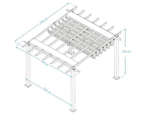 Abbildung einer Pergola mit den Massen 350 mal 350 mal 235 Zentimeter.