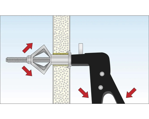 Illustration einer Hohlraumdübelzange beim Setzen eines Dübels in eine Wand.