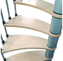 Detailaufnahme einer Wendeltreppe mit Holzstufen und Metallgeländer